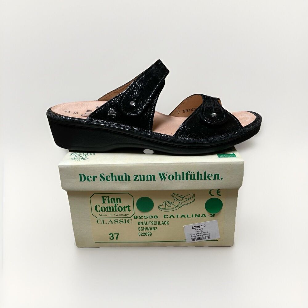 Finn Comfort 37D/6 Catalina Black Patent‎ Leather Soft Footbed Sandals EUC